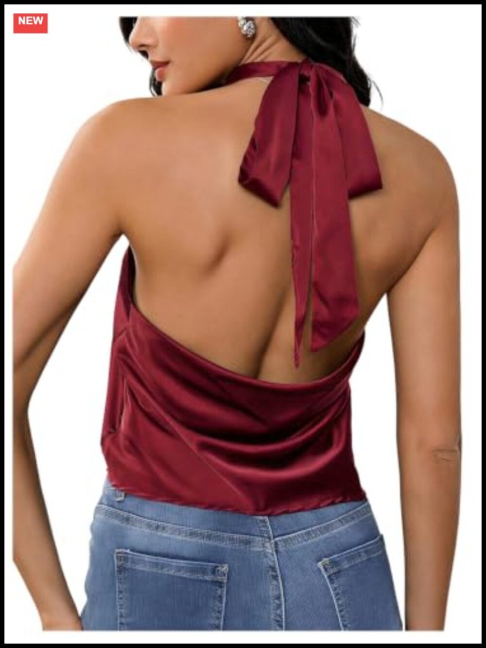 Satin Silk Halter Open Back Tank Top Sleeveless Going Out Top